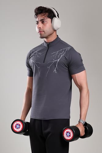 Image of GROW Stylish Gym T Shirts for Men Workout | Cotton and Spandex Quarter Zip Back Printed Collar T Shirts for Men Half Sleeves