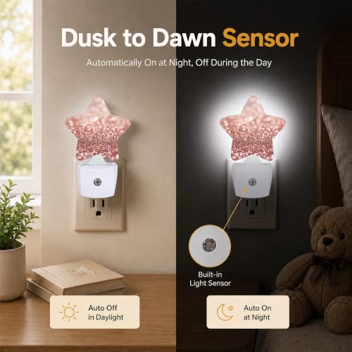 Image of Star Night Light Plug in, Pink Glittering Dusk to Dawn Sensor Night Light, Soft Glow Lamp for Kids Bedroom Nursery Hallway Bathroom, Energy Saving Compact Design