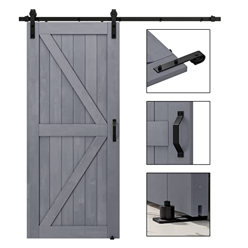 LDB_BUILDING Sliding Barn Door with Hardware Included 36in x 84in Single Door + 6.6ft Hardware Kit + Handle + Floor Guide Single Track Easy Installation Gray