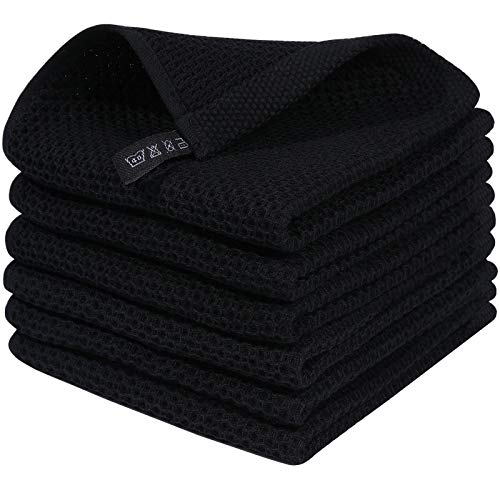 Homaxy 100% Cotton Waffle Weave Kitchen Dish Cloths, Ultra Soft Absorbent Quick Drying Dish Towels, 12 x 12 Inches, 6-Pack, Black