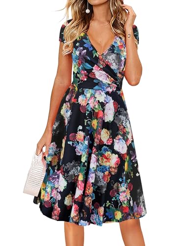oxiuly Women's Vintage V-Neck Floral Casual Party Cocktail A-Line Dress OX233 (S, Black)