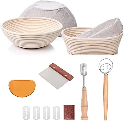 Bread Proofing Basket Set Of 2 Round and Oval, Banneton Proofing Basket + Danish Dough Whisk + Bread Scoring Lame + Stainless Steel Dough Scraper + Flexible Dough Scraper, Sourdough Tools Kit