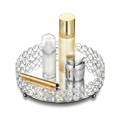 Vassoio rotondo in cristallo a specchio, vassoio da trucco da 8 pollici, vassoio per cosmetici, vassoio per gioielli, vassoio decorativo rotondo per profumi, gioielli, cibo, decorazione per comò