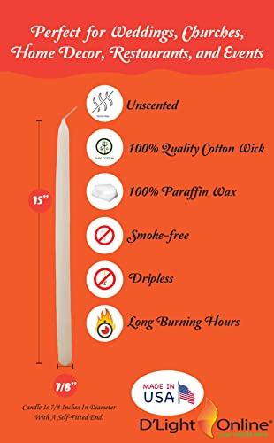 D'light Online Elegant Bulk Taper Candles 15" Inches Extra Tall Premium Quality Candles, Hand-Dipped, Dripless, Smokeless And Unwrapped Bulk Pack For Events - Set Of 12 (Ivory) #TOP1