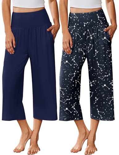 Image of Ekouaer 2 Pack Womens Pajama Pants 2026 Wide Leg Capri Yoga Pants Lounge Comfy Sleep Pj Bottoms with Pockets