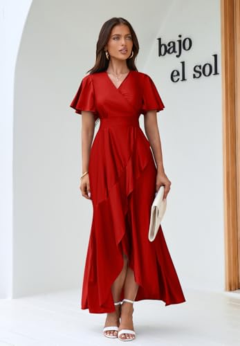 Image of Memoriesea Women's Elegant V Neck Ruffle Sleeve Wrap Bodycon Cocktail Maxi Dress Red