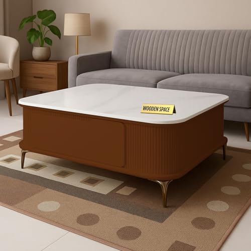 Image of WOODEN SPACE Premium Solo Marble-Top Wooden Center Table for Living Room | Iron Legs | PVD Coating | Modern Entryway Furniture | Coffee Table (Brown)