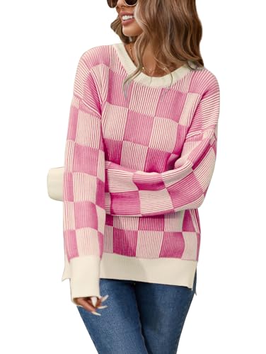 Image of Famulily Womens Long Sleeve Crew Neck Sweater Color Block Plaid Checker Pullover High Low Side Slit Pullover