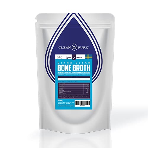 Clean & Pure Bone Broth Powder 400g (40+ Servings) | from Sweden | UK Lab Tested Bone Broth Protein Powder | Grass Fed Beef
