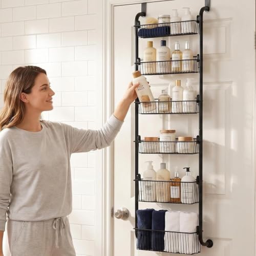 Over Door Storage Rack 6-tier heavy duty Deep Baskets SuctionCups | carbon steel frame anti shake suction cups tool free installation fits standard doors kitchen bathroom laundry door organizer