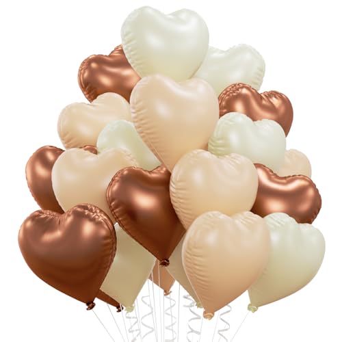 Image of 20pcs Brown Nude Cream Heart Balloons, 18 Inch Coffee Beige Foil Neutral Heart Shape Love Balloons for BOHO Birthday Baby Shower Wedding Valentines Day Party Decoration