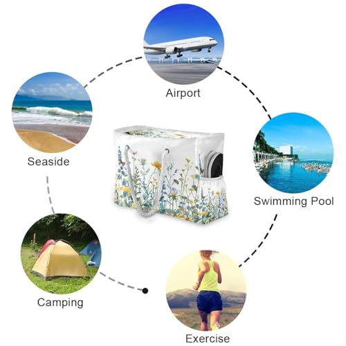 Wildflowers with Butterflies Beach Bag with Top Zipper Closure, Waterproof Pool Bag, Large Beach Tote for Women#3054