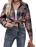 AHAIJ Womens Flannel Plaid Shirt Fall Boyfriend T-Shirt Casual Button Down Long Sleeve Pockets Oversized Blouses Tops (Black, X-Large)