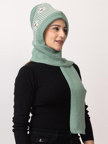 Image of AMOLDO Women's Winter Woolen Soft Warm Knitted Designer Muffler Beanie Cap with Fur | Fleece Printed Woolen Hat with Attached Scarf for Cold Weather