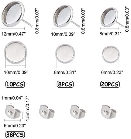UNICRAFTALE about 38sets 3 Sizes 6/8/10mm Tray Earring Bezel 304 Stainless Steel Stud Earring Setting 0.6mm Pin Earring Blank Bezel Tray for Jewelry Making, Stainless Steel Color