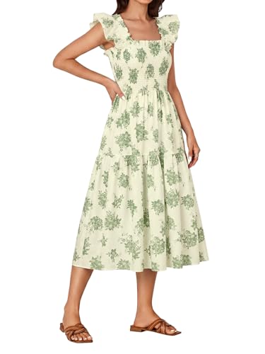 Image of Rooscier Women's A Line Smocked Midi Dress | Summer Sleeveless Square Neck Casual Sundress