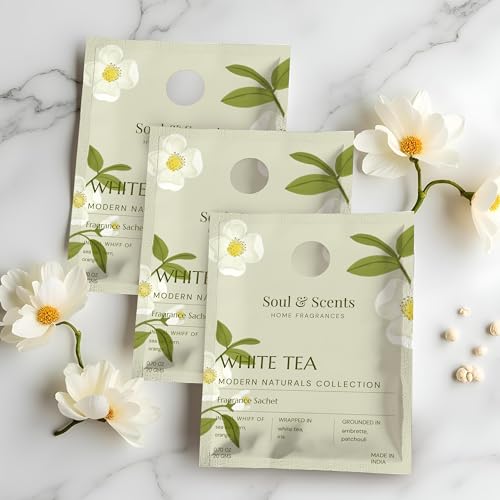 Image of Soul & Scents White Tea Fragrance Sachet | Refreshing Aroma of White Florals & Sea Breeze | Long-Lasting Air Freshener for Car, Wardrobe, Kitchen, and Travel Bag | Pack of 3-20gm Each