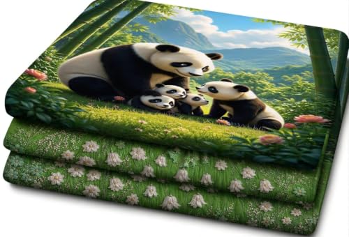 Image of RUMPS Panda Family Double Bedsheet with 2 Pillow Covers | Super Soft Glace Cotton Bed Sheet | Kids Cartoon Panda & Nature Print | King Size Bedsheet for Bedroom | Green & Blue 90x100 Inch Bed Sheet