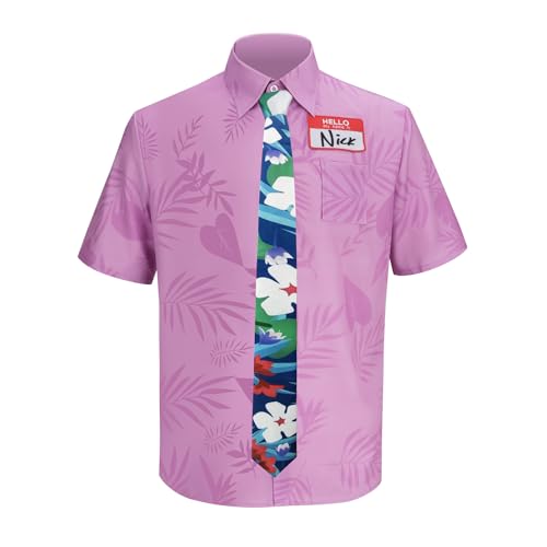 Nick Halloween Cosplay Costume Shirt Tie Outfit Adult Men Nick Pink Hawaiian Printed Floral Aloha T Shirt Necktie (Medium)