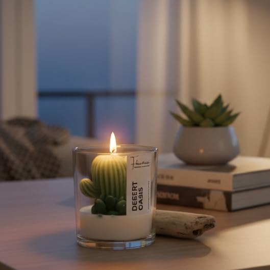 Image of Desert Oasis Cactus Scented Jar Candle | 200gm Soy Wax with 3D Cactus Topper | Warm Sandalwood Fragrance | Unique Succulent Decor Gift for Christmas & New Year's