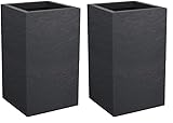 EDA   Pot Carré Haut Volcania'Up 36 L   Décor Imitation Pierre   Simple Paroi   Zone de Rétention d'eau   29,5 x 29,5 x 49,5 cm   Gris Anthracite (Lot de 2)
