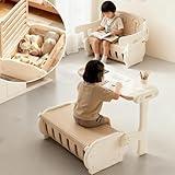 SIRUNLY キッズデスク チェア セット 一体式 学習机セット 耐荷重50KG 子供用テーブル 椅子セット 多機能 お絵描きデスク 収納付き 幼児机 勉強机 学習デスク キッズテーブル 誕生日 入園祝い 自宅 保育園 幼稚園用 日本語説明書付き（ホワイト+ベージュ，67x66x48.5cm）