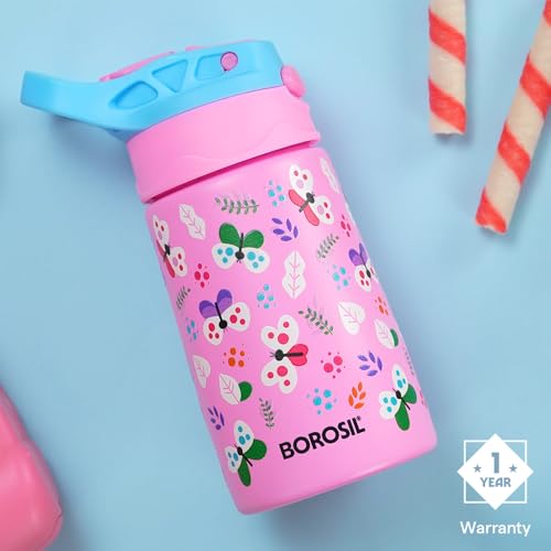 Image of Borosil 330ml Butterfly Kids Stainless Steel Bottle | ISI Certified Made in India | 8 Hrs Hot & Cold Double Wall Vacuum Insulated Flask | Push & Straw Lid | Powder Coated Finish | 1 Year Warranty