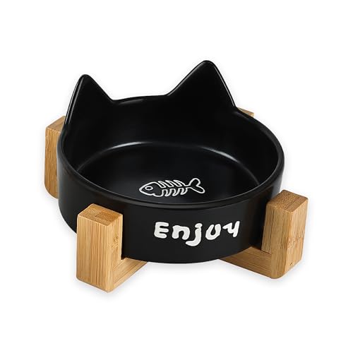 MYPETMYPAL 猫食器 陶器 猫 餌入れ フードボウル 水入れ 皿 木製スタンド付き 可愛い 猫用 (ブラック, スタンド付き)