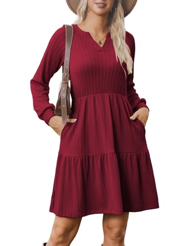Zeagoo Kleid Damen Elegant V-Ausschnitt Strickkleid Langarm A Linie Gerippt Herbstkleid Knielang Pulloverkleid Mit Taschen Rot M