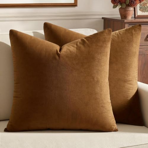 Image of MIULEE Velvet Throw Pillow Covers 20x20 Inch, Pack of 2 - Golden Brown, Super Soft Decorative Square Cushion Cases Modern Luxury Home Decor for Sofa, Couch, Bed, Chair