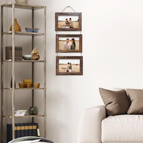 Rexllon 4x6 Wall Hanging Picture Frames Collage with 3 Opening Rustic Brown Frames