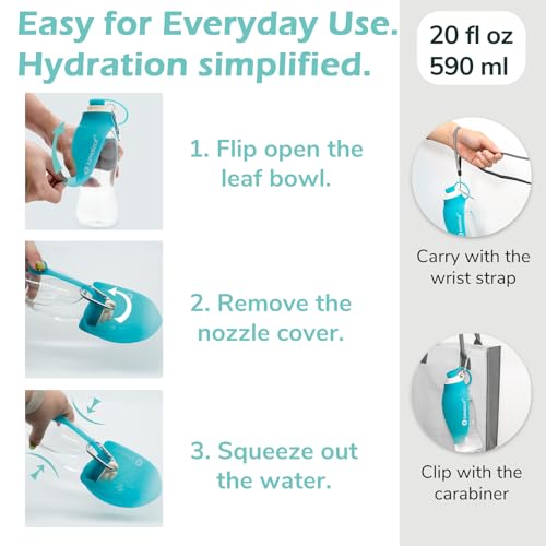 LumoLeaf Hundewasserflasche für Spaziergänge, tragbarer Wasserspender mit faltbarem Blatt-Napf – Leichte Reise-Flasche für kleine & mittelgroße Hunde, 590 ml