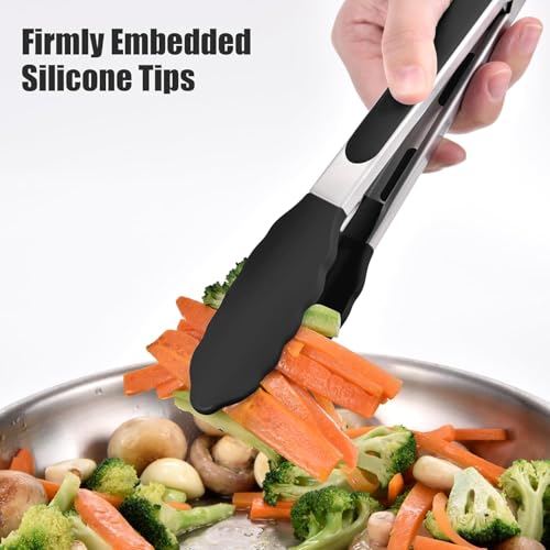 Image of Premium Steel and Siliconel Heat Resistant Kitchen Tongs for Cooking | Non Scratch Silicone Tip for Pans,Air Fryer,Barbeque, Serving | 10 inch - 230C Heat-Resistant (Black) (Pack of 01)