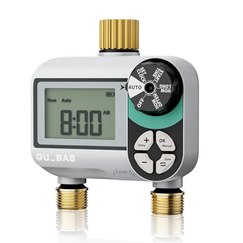 QUOBAS Brass Sprinkler Timer Programmable Water Hose Timer for Garden Hose Faucet with Waterproof LCD Screen Rain Delay/Manual/Automatic Irrigation Watering System for Garden Lawn Yard - 2 Zone