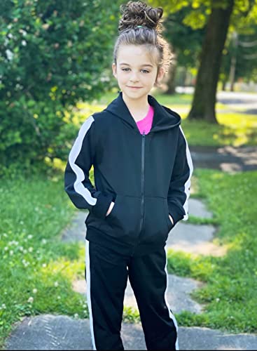 Boyoo Girl's 2Pcs Athletic Sweatsuit Sets Zip-Up Sweatpant Hooded Sweatshirt Jogger Tracksuit Outfit, Black Solid, 12-13 Years #TOP3