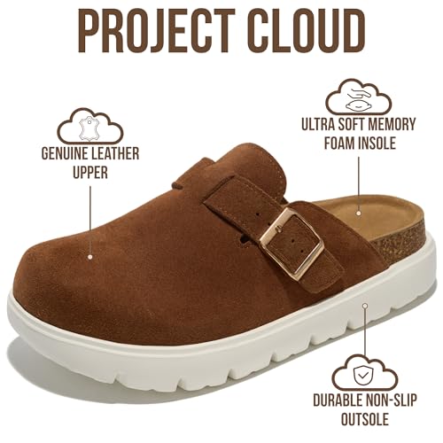 Image of Project Cloud 100% Genuine Leather Platform Clogs for Women Footwear - Memory Foam Arch Support Cork Footbed Casual Shoes & Mules for Women 2026 (Benton Chunky)