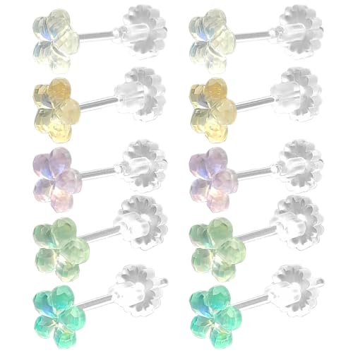 DaKuan 5 Pairs Coloured Earrings, 5 Colours Plastic, Sensitive Ears, Clear, Soft Rubber Back