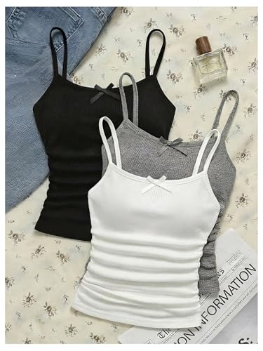 Image of SOLY HUX Girl's Tank Tops 3 Packs Cute Ruched Spaghetti Strap Camisole Slim Fit Undershirts