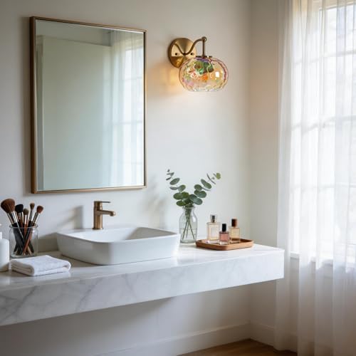 Image of Gold Wall Sconce Light Amber Hammered Glass Vanity Lighting Brushed Brass Champagne Wall Lamp for Bathroom Over Mirror