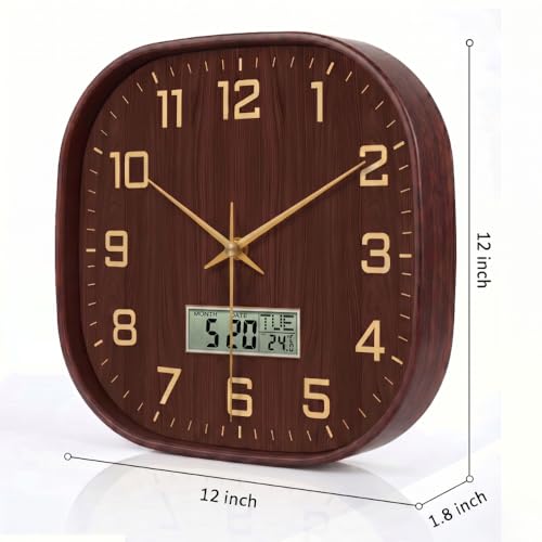 Image of STAR WORK 12 inch Inch Square Silent Non-Ticking Quartz Movement Wall Clock with Analog & Digital Display | Easy-to-Read Numbers | Modern Design for Living Room, Bedroom or Office (Walnut - Gold Digital)