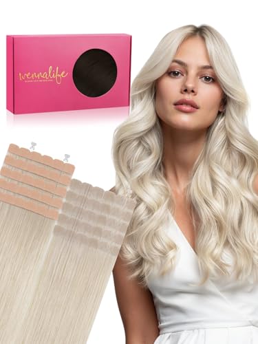 WENNALIFE Mini Tape in Hair Extensions Human Hair for Thin Hair, Platinum Blonde 18 Inch 50g Invisible Tape Ins No Show No Bulk, Seamless Cuttable PU Weft DIY at Home, Lightweight Reusable Real Hair