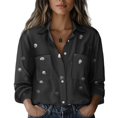 Summer Tops for Women Dressy V Neck Graphic Tees Loose Casual Long Sleeve Boho Bone Print Tshirts Button Down Beach Vacation Outfits Plus Size Business Work Blouses with Pockets Trendy Y2K Style S