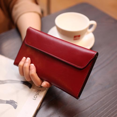 Retro Leather Envelope Women's Phone Card Holder Wallet, Thin Large Capacity Multifunctiona Leather Wallet, Clutch Wallet for Mother's Day Thanksgiving Fashion Gift (Wine Red)3