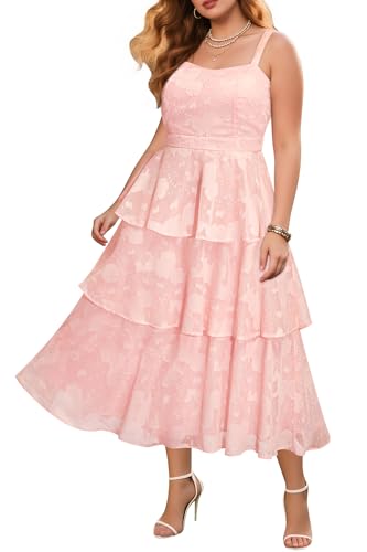Image of Plus Size Summer Dresses - Floral Beach Wedding Guest Semi Formal Tiered Flowy Long Sundress