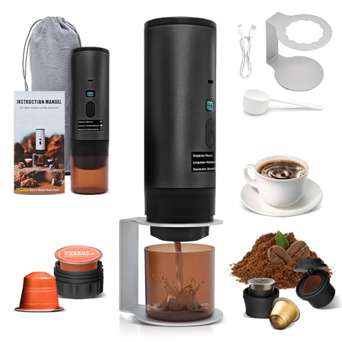 RoserRose Caffettiera Portatile, Macchina per Caffè Viaggio - Senza Fili & Auto-Riscaldante - Con Batteria 7800mAh, 20 Bar di Pressione - Compatibile con NS/DG/Caffè Macinato (Nero metallizzato)