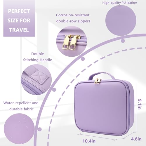 Image of Makeup Bag with Mirror,with Mirror 3 Color Setting and Detachable 10x Magnifying Mirror Large Vanity Makeup Cases,Portable Storage and Adjustable Dividers, for Women and Makeup Artists-Purple