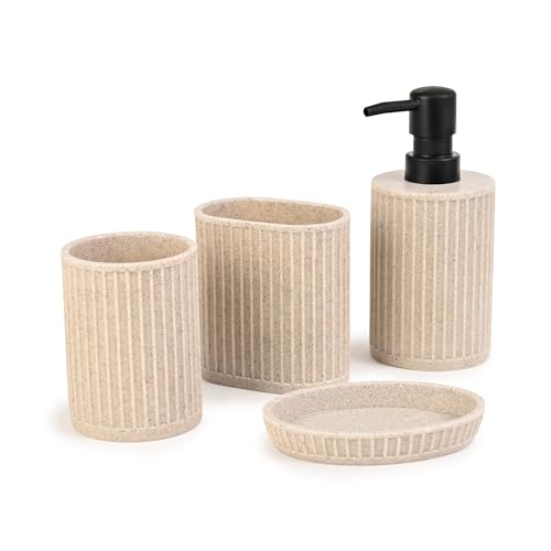 Opiniones y reviews de Piezas y accesorios los 5 más buscados. 49 GORAL Set de Accesorios para Baño, 4 Piezas, Resina Premium con Textura de Líneas, Rombos, Incluye Dispensador, Vasos y Jabonera (Beige 3)