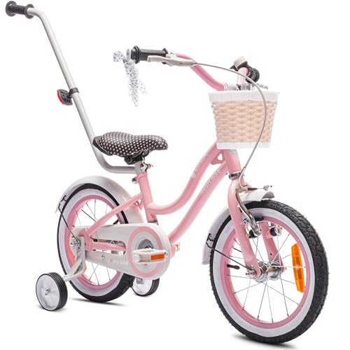 sun baby Bicicleta para niñas Heart Bike, tamaño de Rueda 12 14 16 Pulgadas, con Barra de Empuje Desmontable, Bicicleta Infantil para niñas de 2 a 6 años (14 Pulgadas, Rosa)