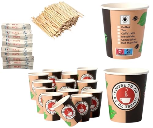 EURO DECO Lot de 200 Gobelets en carton jetables biodégradables 180 ml / 7-oz, Idéal pour le café, les boissons chaudes ou froides (LOT6-200PCS GOB+200PCS AGITATEURS+200PCS SUCRE)