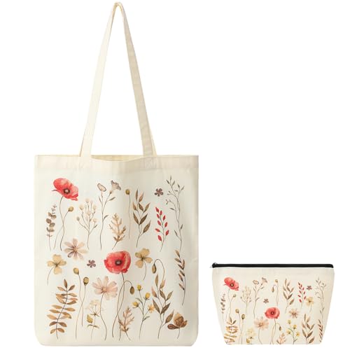 ViEinkaufen Flower Canvas Tote Bag with Inner Pocket Gifts for Women Reusable Beige Washable Foldable Girls Shopping Makeup Bag Birthday Present for Her Present for Mum Auntie Teacher Friends